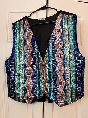 Sequin Striped V-Neck Vest in Blue, Teal & Gold
